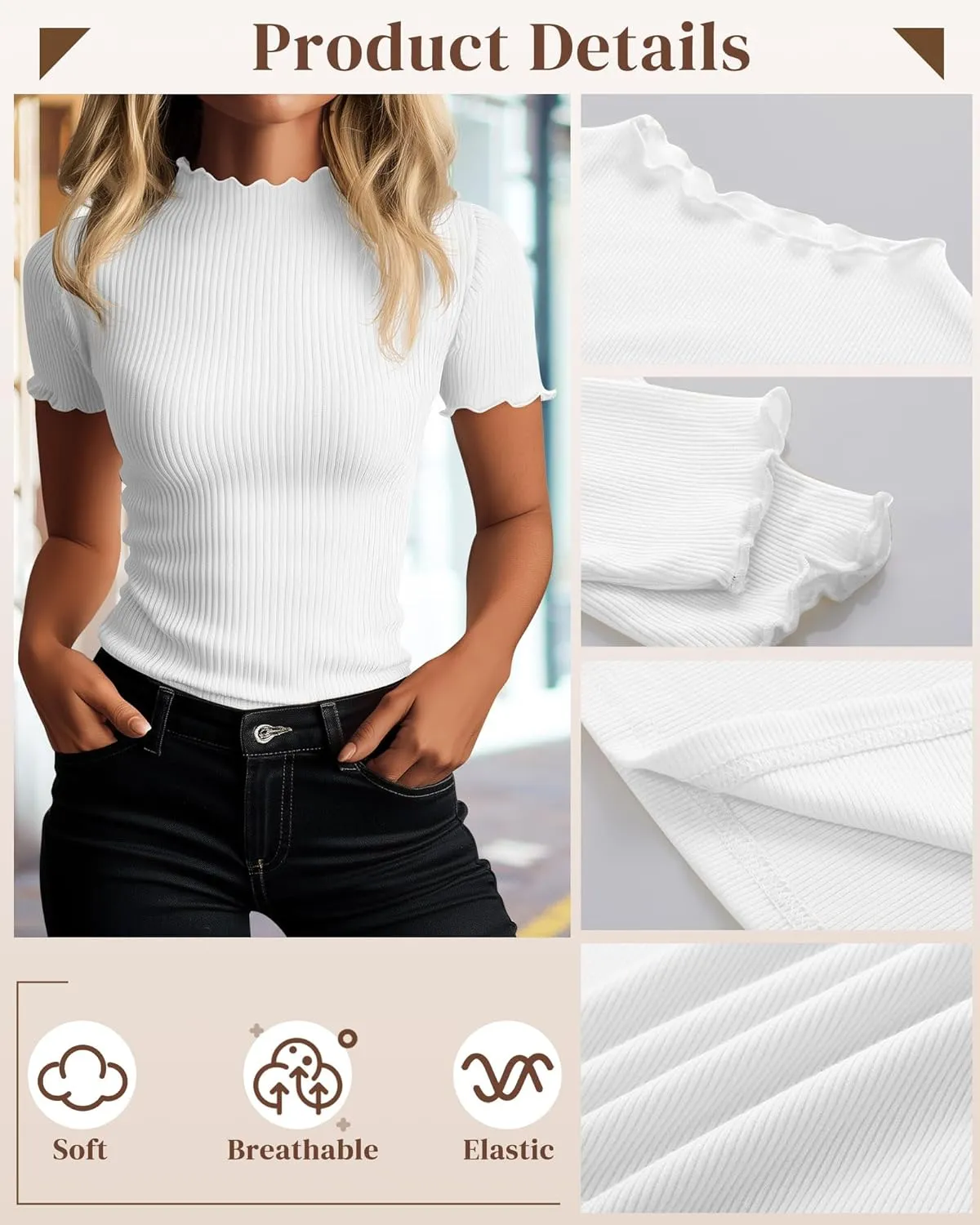 Huukeay 3 Pack Women's Mock Turtleneck Short Sleeve Tops Cotton Ribbed Lettuce Trim T Shirts Slim Fit Casual Base Tee