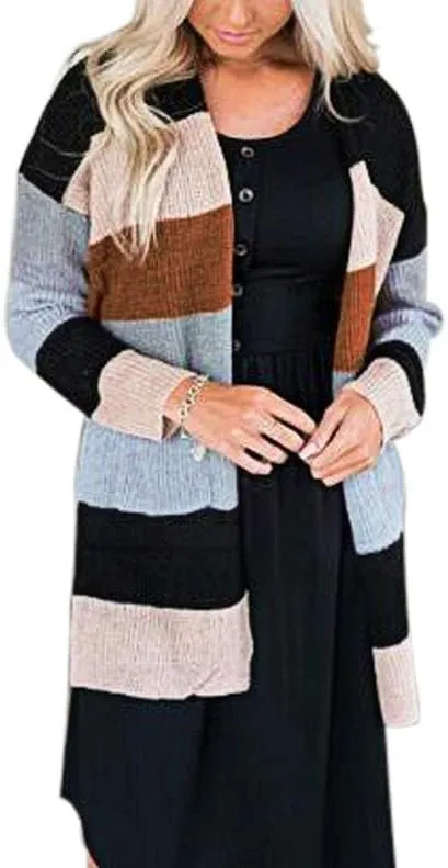 JUNBOON Women's Striped Long Sleeve Open Front Knit Cardigan Casual Pullover Sweater