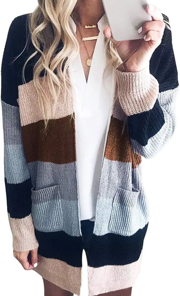 JUNBOON Women's Striped Long Sleeve Open Front Knit Cardigan Casual Pullover Sweater