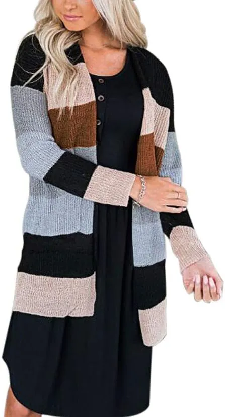 JUNBOON Women's Striped Long Sleeve Open Front Knit Cardigan Casual Pullover Sweater