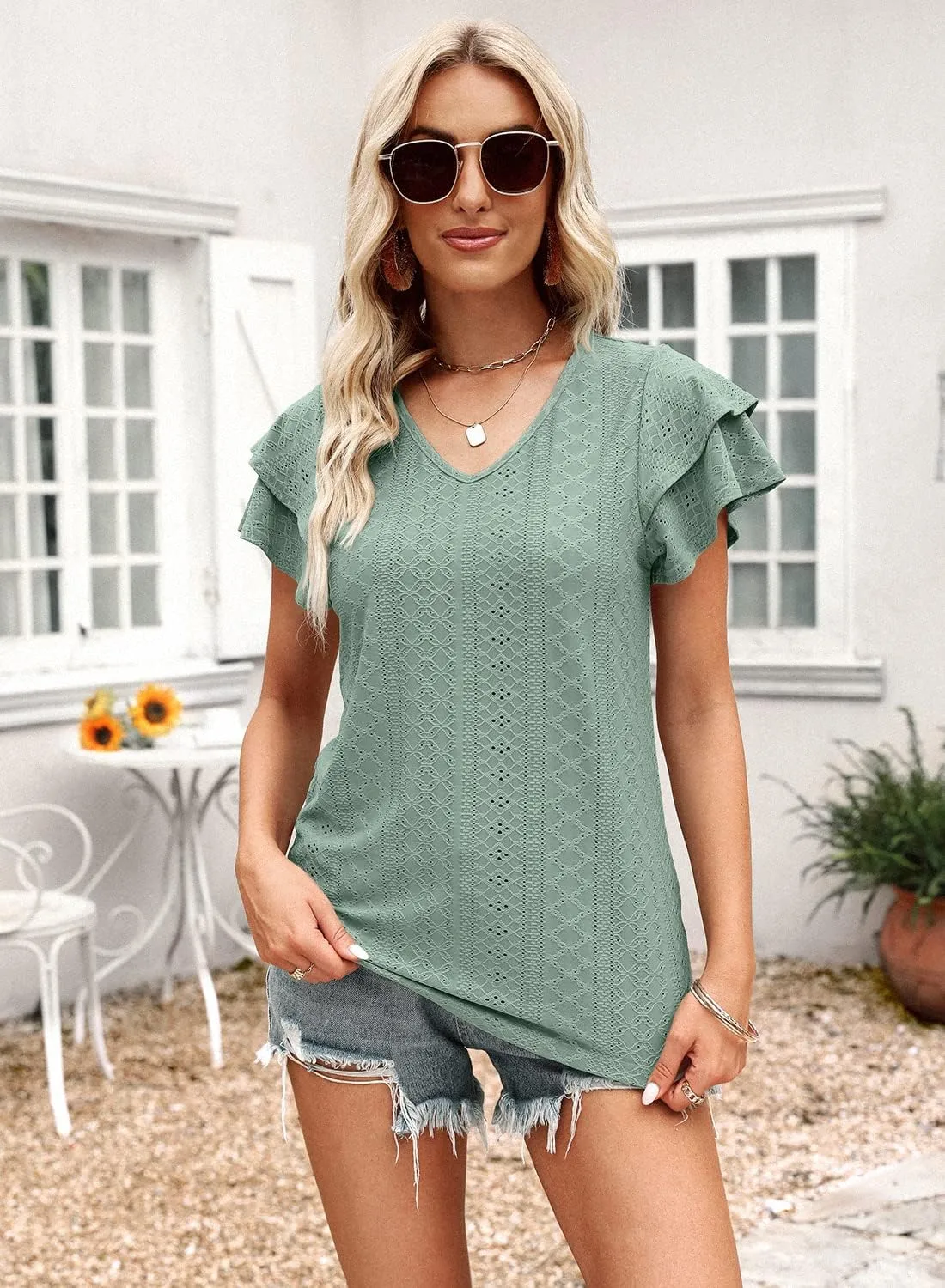 Kikula Women's Tops Summer Ruffle Sleeve Tops V Neck Eyelet Tshirts Hollow Casual Blouse