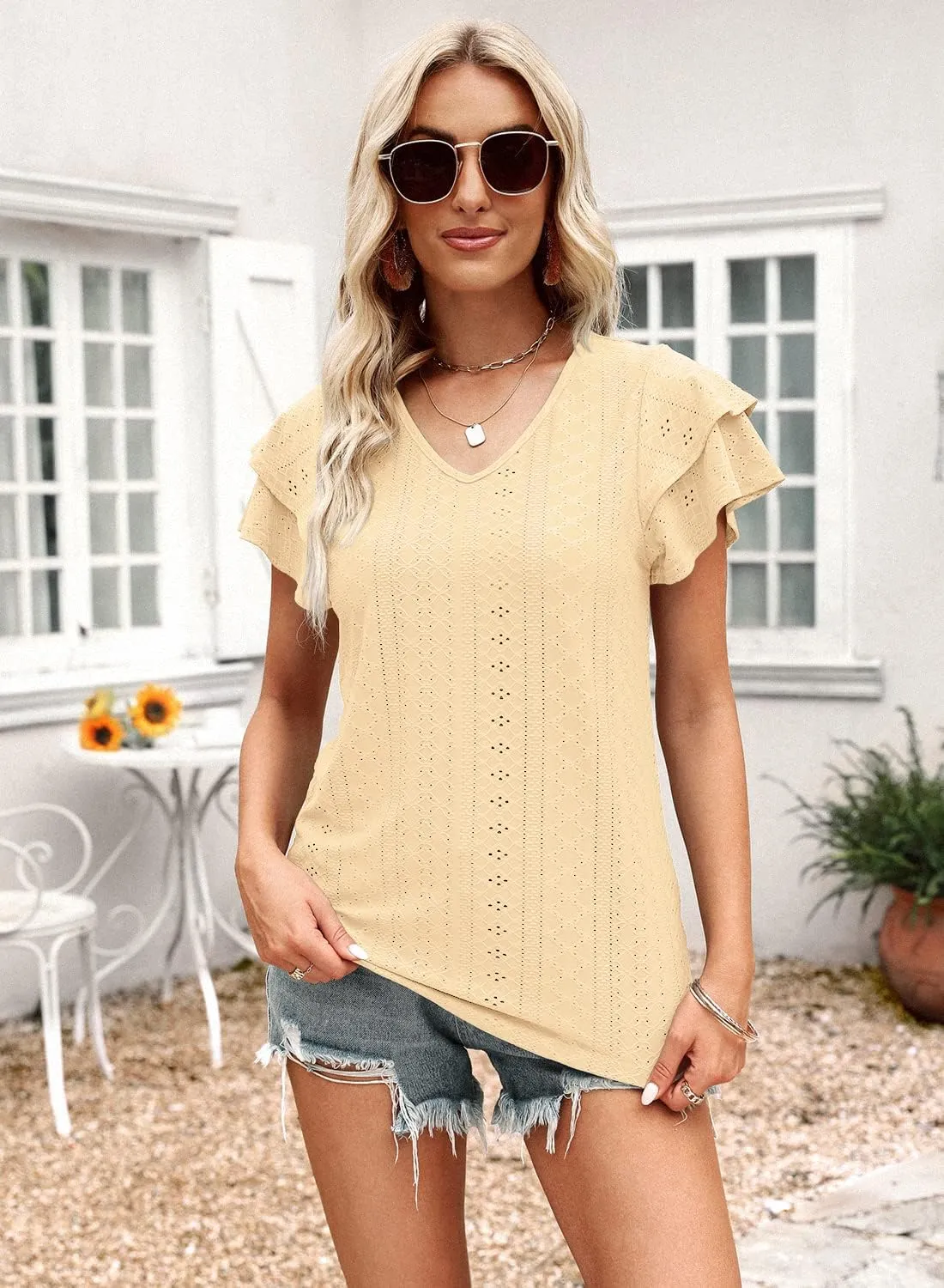 Kikula Women's Tops Summer Ruffle Sleeve Tops V Neck Eyelet Tshirts Hollow Casual Blouse