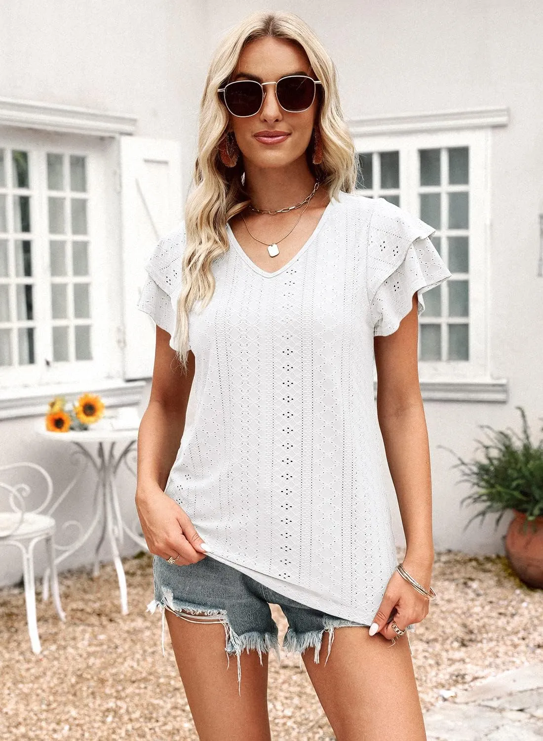 Kikula Women's Tops Summer Ruffle Sleeve Tops V Neck Eyelet Tshirts Hollow Casual Blouse