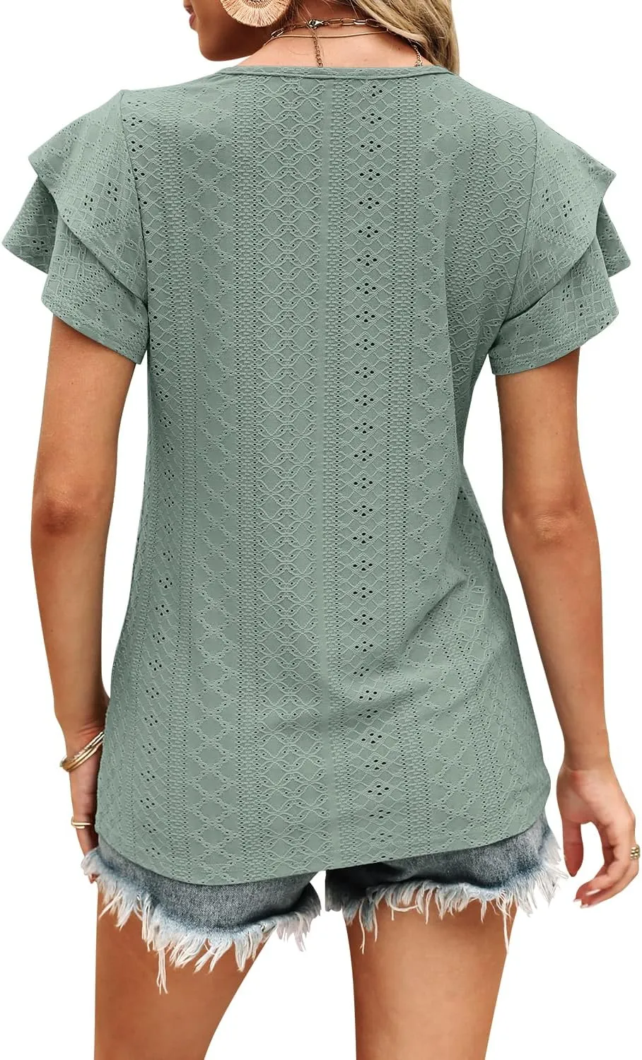 Kikula Women's Tops Summer Ruffle Sleeve Tops V Neck Eyelet Tshirts Hollow Casual Blouse