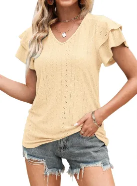 Kikula Women's Tops Summer Ruffle Sleeve Tops V Neck Eyelet Tshirts Hollow Casual Blouse
