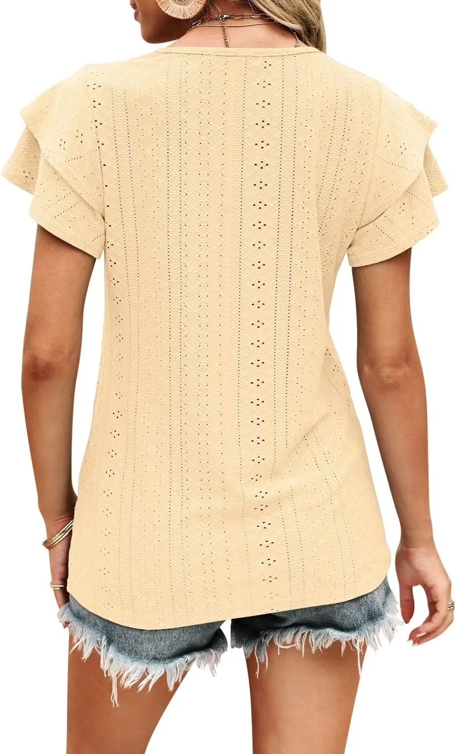 Kikula Women's Tops Summer Ruffle Sleeve Tops V Neck Eyelet Tshirts Hollow Casual Blouse