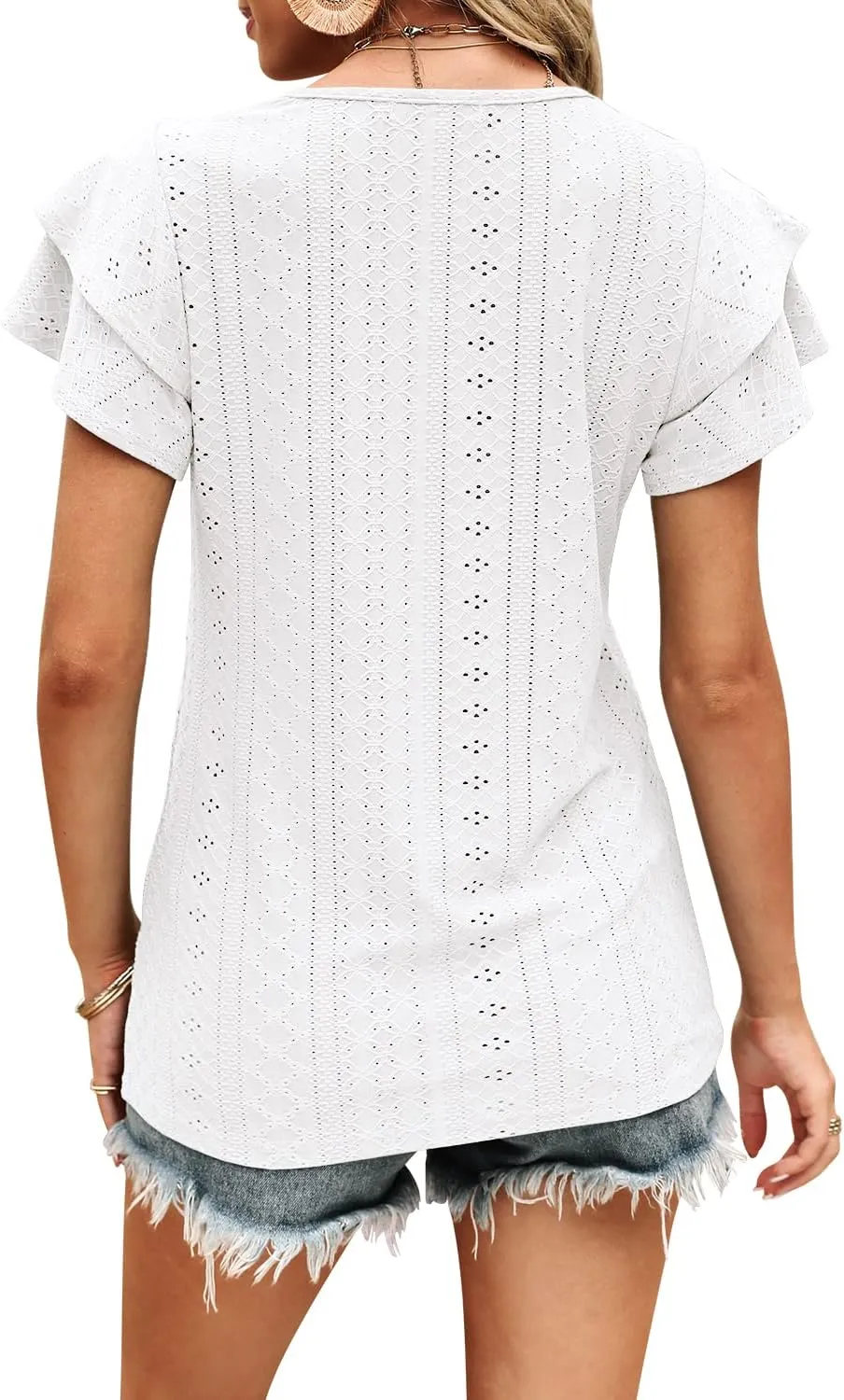 Kikula Women's Tops Summer Ruffle Sleeve Tops V Neck Eyelet Tshirts Hollow Casual Blouse