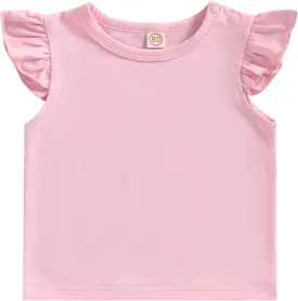 Kuriozud Toddler Baby Girl Flutter Sleeve Top Ruffle T Shirt Cotton Tee Solid Color Basic Tops Clothes