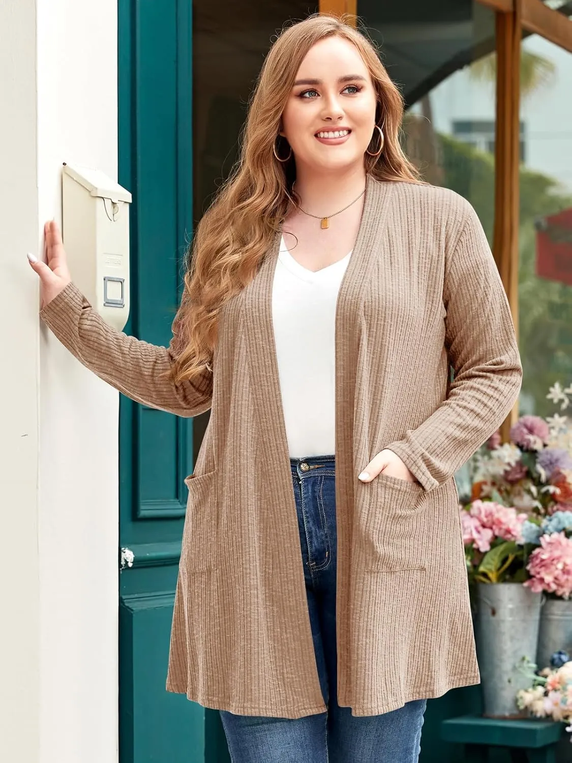 LARACE Open Front Knit Cardigan Sweaters for Women Plus Size Long Sleeve Tops with Pockets Lightweight for Winter
