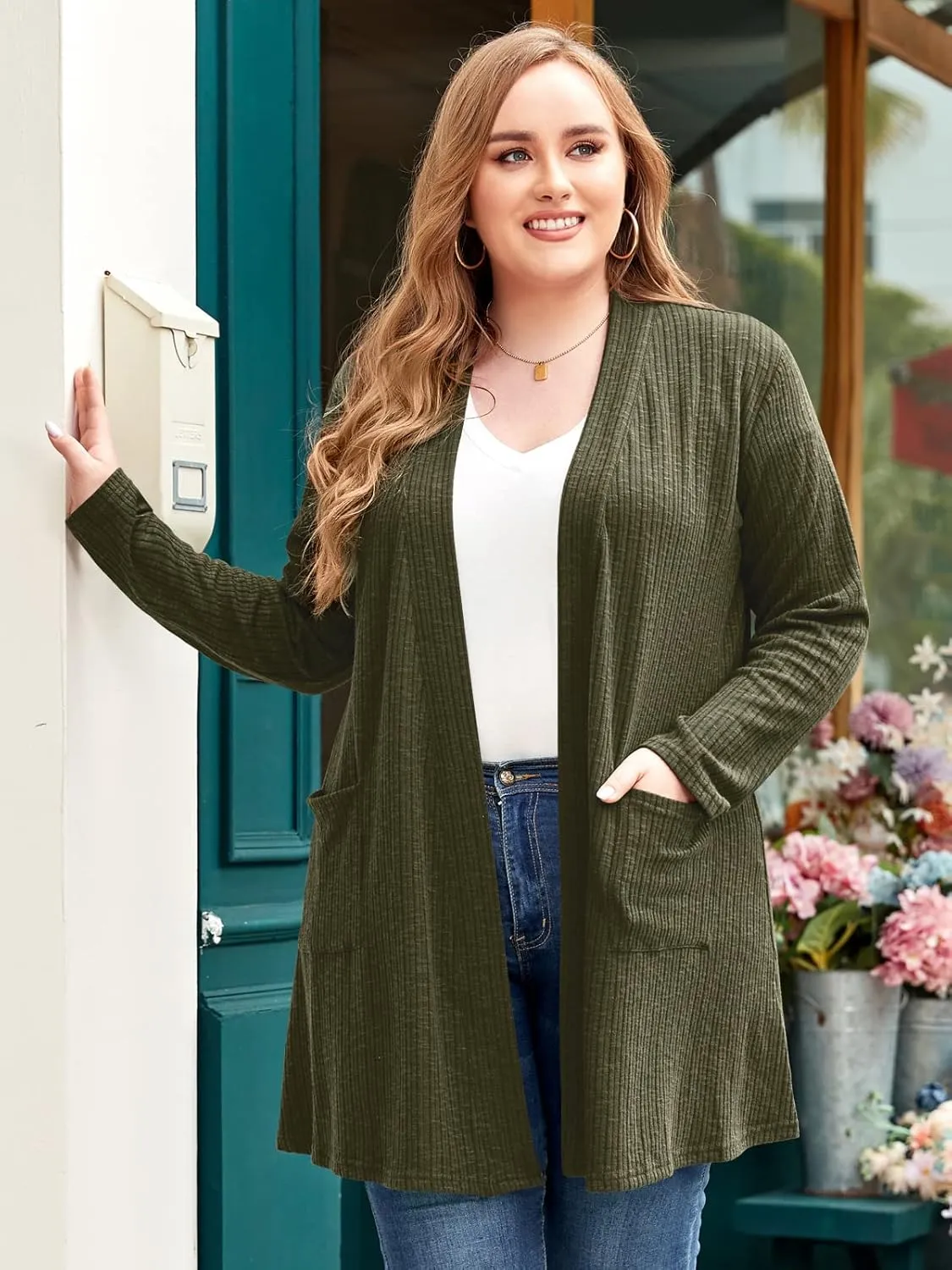 LARACE Open Front Knit Cardigan Sweaters for Women Plus Size Long Sleeve Tops with Pockets Lightweight for Winter
