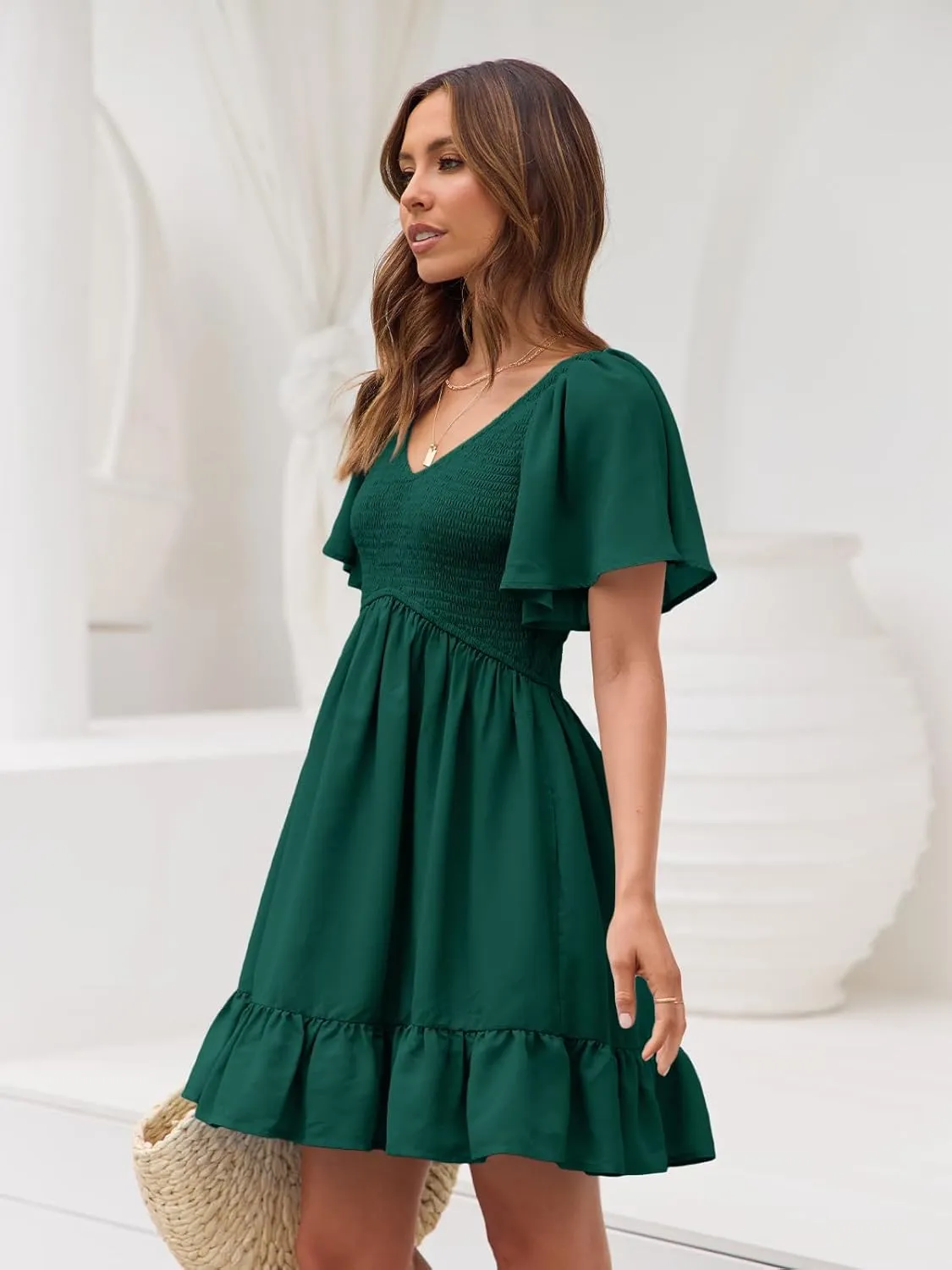 LILLUSORY Women's Flowy Casual Mini Dresses 2025 Summer Graduation Smocked V Neck Vacation Dress Dress with Pockets
