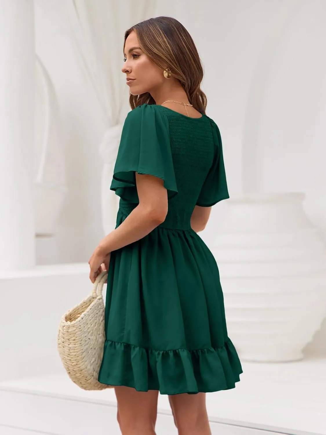 LILLUSORY Women's Flowy Casual Mini Dresses 2025 Summer Graduation Smocked V Neck Vacation Dress Dress with Pockets
