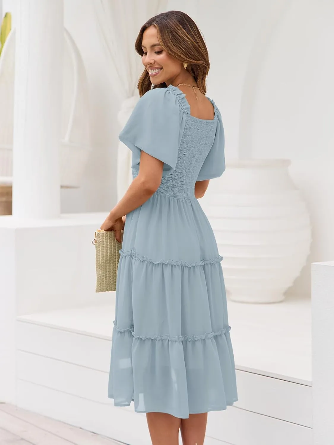LILLUSORY Women's Summer Casual Flutter Sleeve Square Neck Smocked Midi Dress