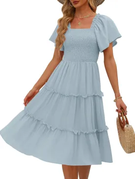 LILLUSORY Women's Summer Casual Flutter Sleeve Square Neck Smocked Midi Dress