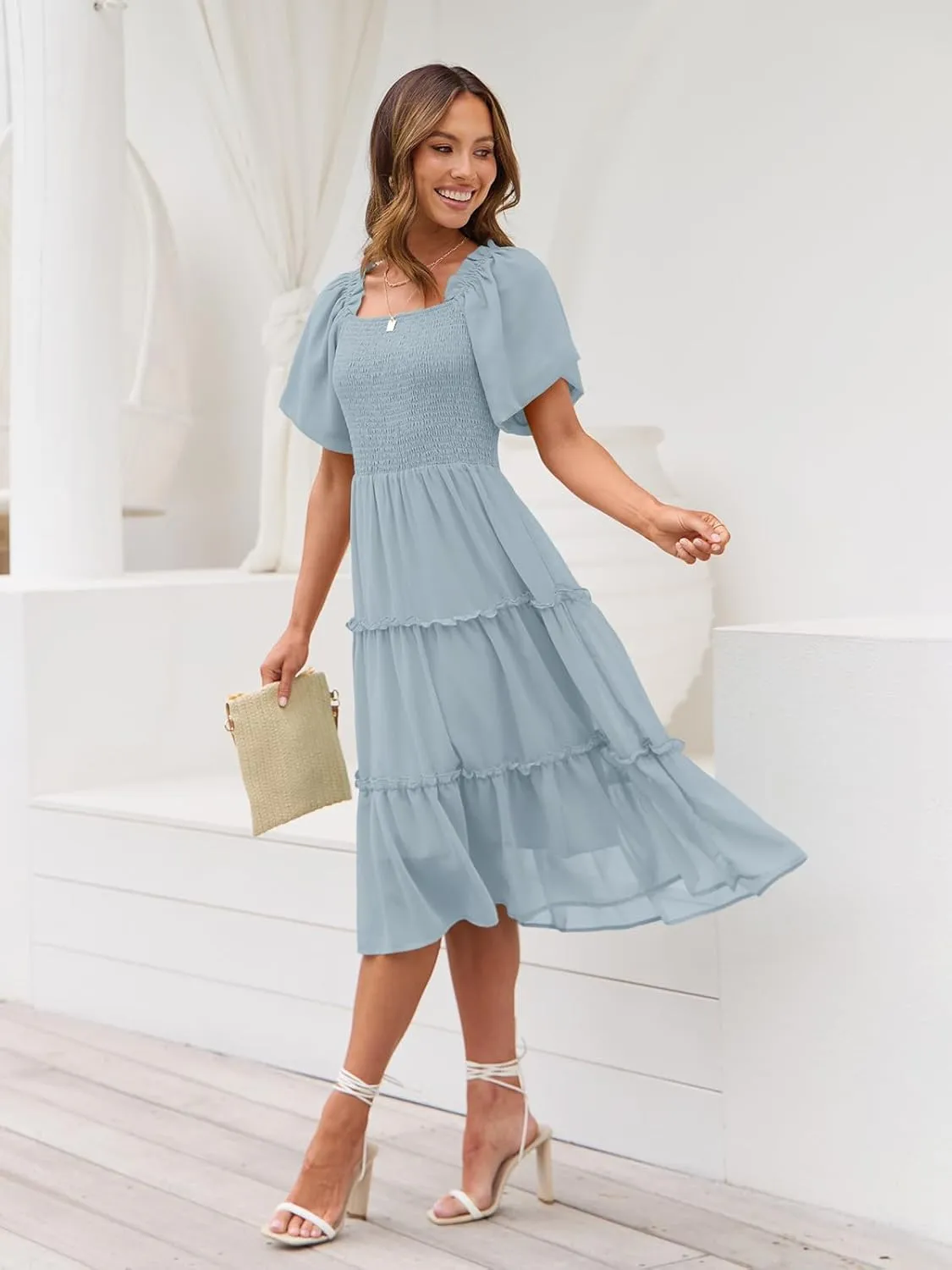 LILLUSORY Women's Summer Casual Flutter Sleeve Square Neck Smocked Midi Dress
