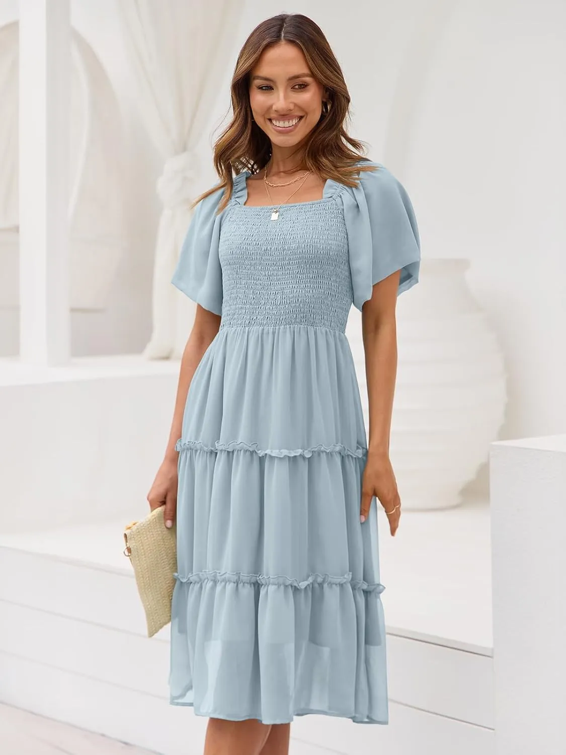 LILLUSORY Women's Summer Casual Flutter Sleeve Square Neck Smocked Midi Dress