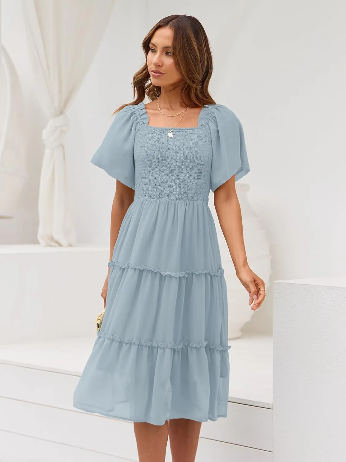 LILLUSORY Women's Summer Casual Flutter Sleeve Square Neck Smocked Midi Dress