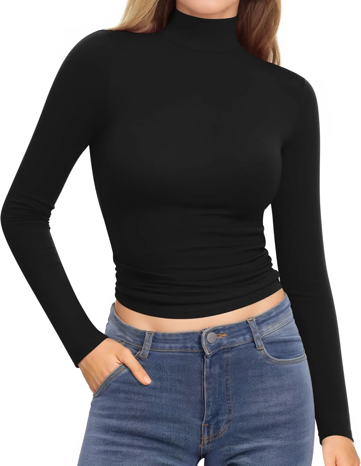MANGOPOP Women's Turtleneck Mock Neck Shirt Double Lined Long Sleeve Short Sleeve Tops for Women Basic T Shirts Tight Tee