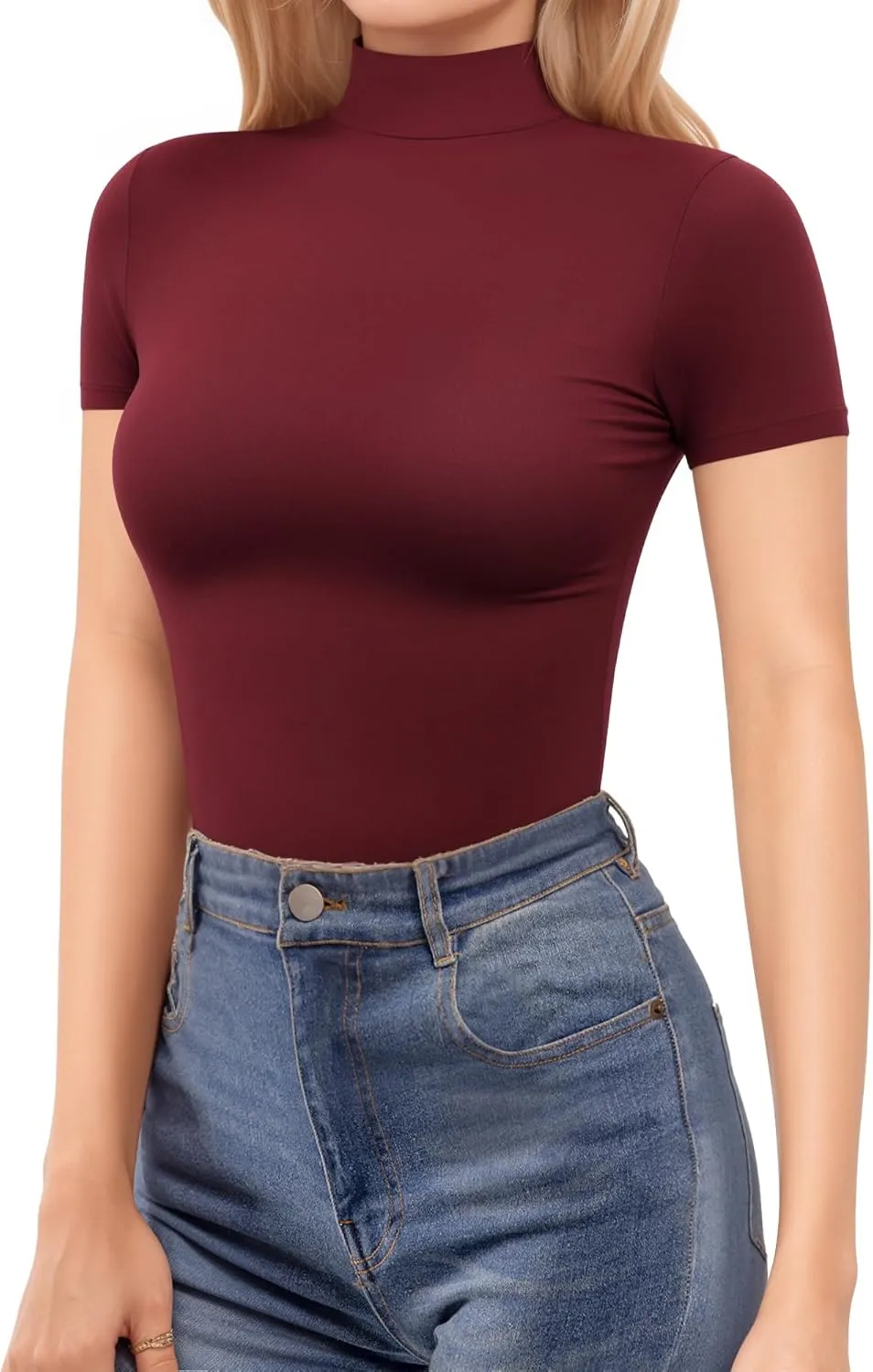 MANGOPOP Women's Turtleneck Mock Neck Shirt Double Lined Long Sleeve Short Sleeve Tops for Women Basic T Shirts Tight Tee