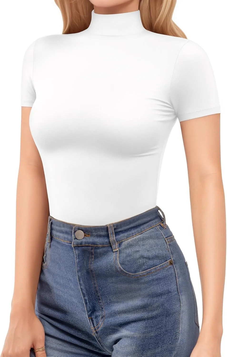 MANGOPOP Women's Turtleneck Mock Neck Shirt Double Lined Long Sleeve Short Sleeve Tops for Women Basic T Shirts Tight Tee