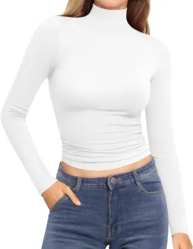 MANGOPOP Women's Turtleneck Mock Neck Shirt Double Lined Long Sleeve Short Sleeve Tops for Women Basic T Shirts Tight Tee