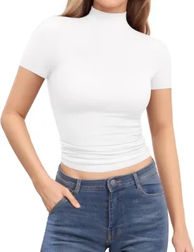 MANGOPOP Women's Turtleneck Mock Neck Shirt Double Lined Long Sleeve Short Sleeve Tops for Women Basic T Shirts Tight Tee