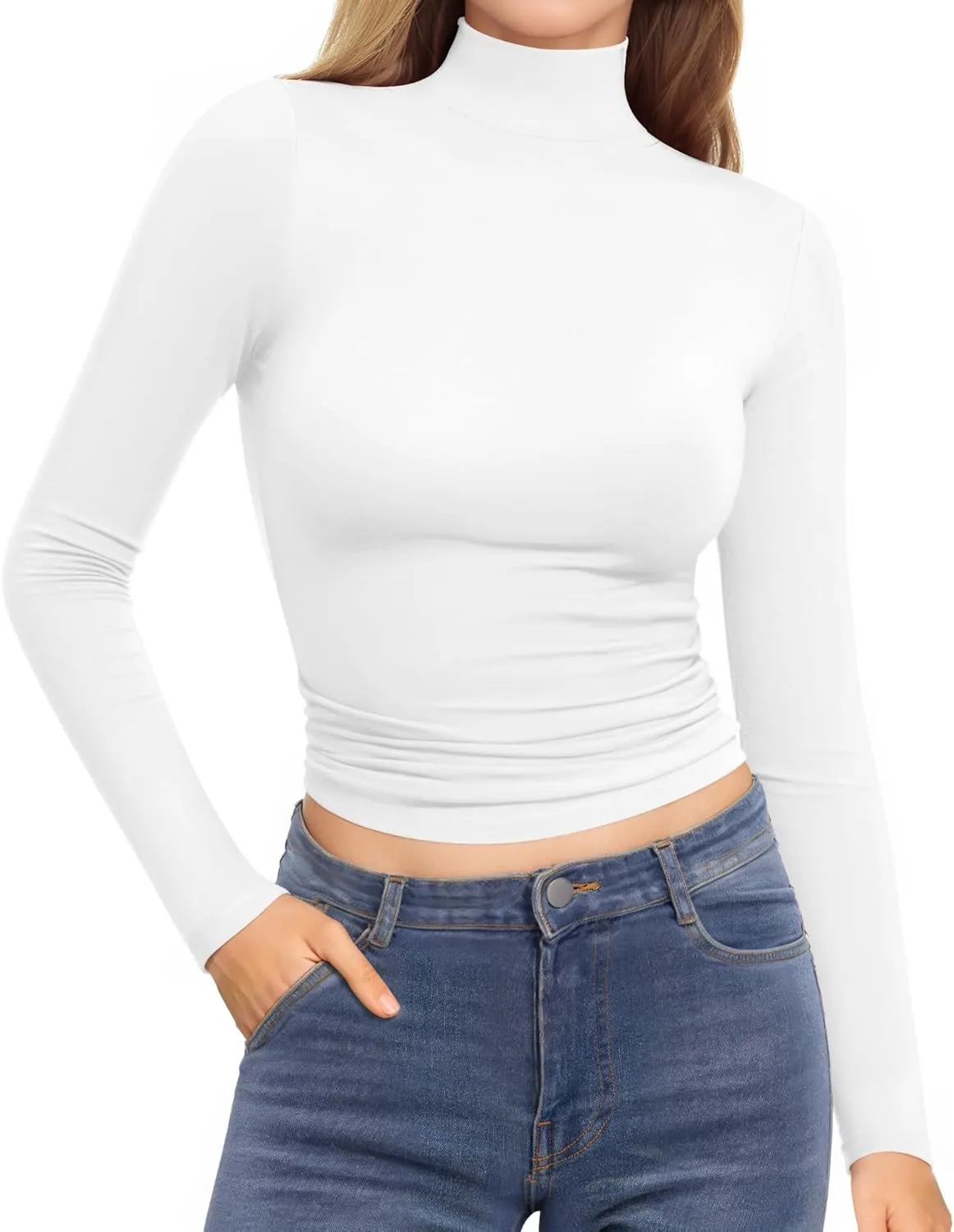 MANGOPOP Women's Turtleneck Mock Neck Shirt Double Lined Long Sleeve Short Sleeve Tops for Women Basic T Shirts Tight Tee