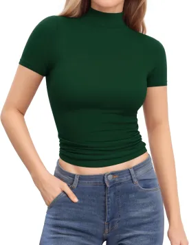 MANGOPOP Women's Turtleneck Mock Neck Shirt Double Lined Long Sleeve Short Sleeve Tops for Women Basic T Shirts Tight Tee