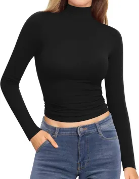 MANGOPOP Women's Turtleneck Mock Neck Shirt Double Lined Long Sleeve Short Sleeve Tops for Women Basic T Shirts Tight Tee