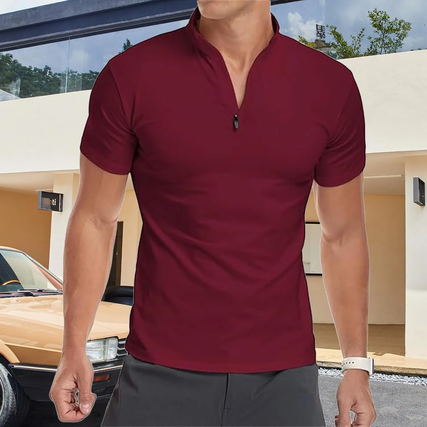 Mens Short Sleeve Polo Shirts Quarter-Zip Casual Slim Fit Mock Neck Athletic T-Shirt Zipper Henley Shirts for Men