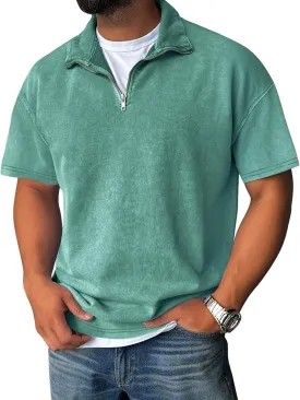 Men's Zipper Polo Shirts Short Sleeve Distressed Washed Cotton T Shirt Solid Casual Summer Tee Tops
