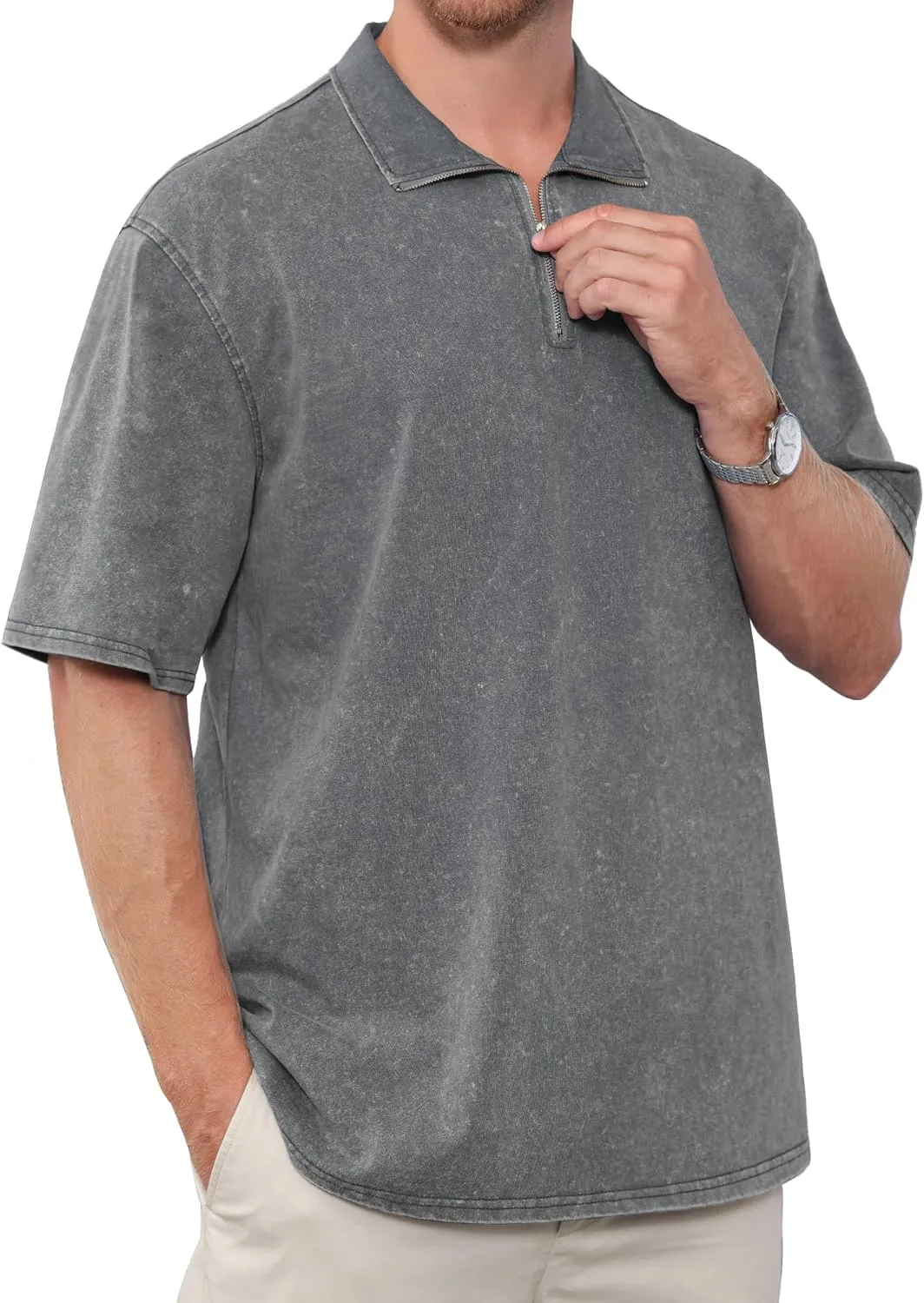 Men's Zipper Polo Shirts Short Sleeve Distressed Washed Cotton T Shirt Solid Casual Summer Tee Tops
