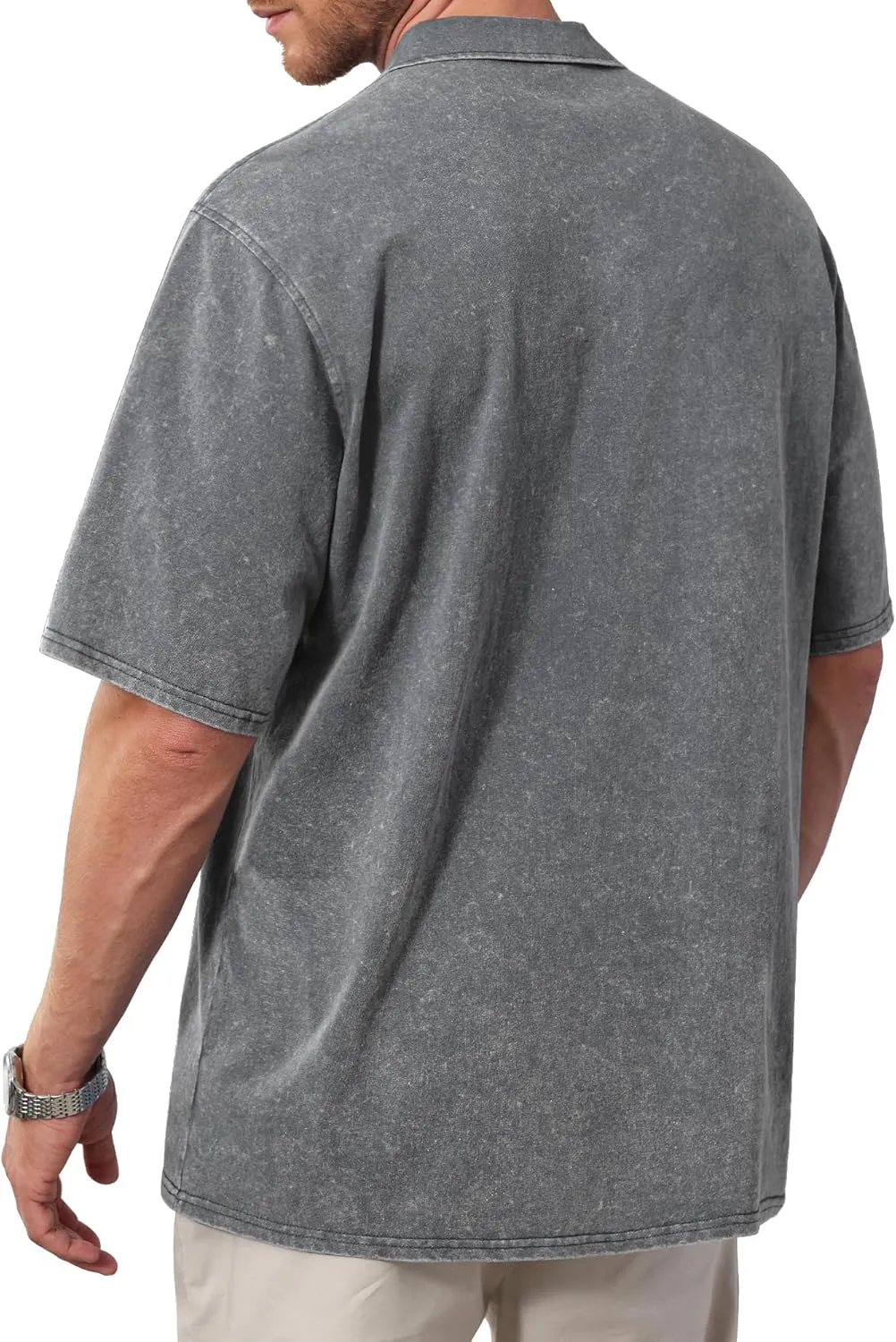 Men's Zipper Polo Shirts Short Sleeve Distressed Washed Cotton T Shirt Solid Casual Summer Tee Tops