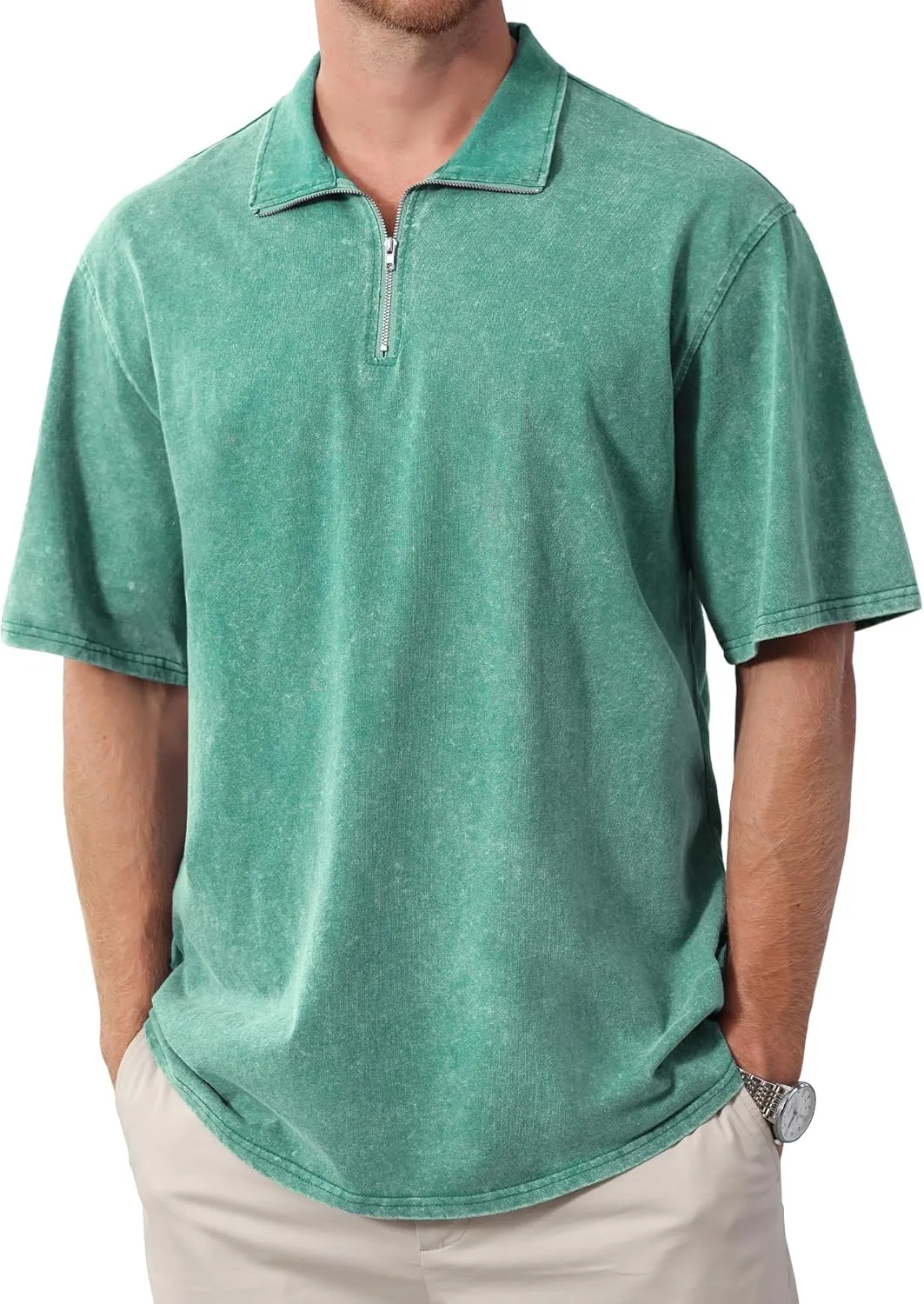 Men's Zipper Polo Shirts Short Sleeve Distressed Washed Cotton T Shirt Solid Casual Summer Tee Tops