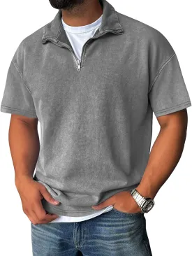 Men's Zipper Polo Shirts Short Sleeve Distressed Washed Cotton T Shirt Solid Casual Summer Tee Tops