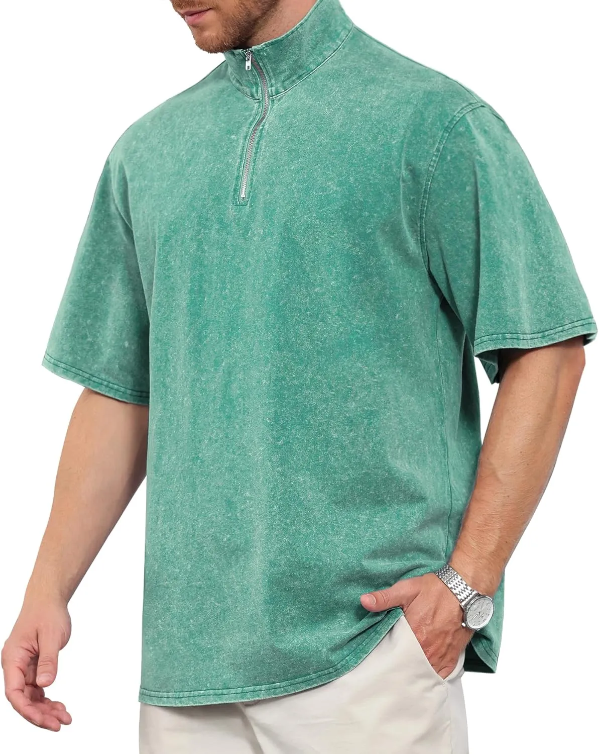Men's Zipper Polo Shirts Short Sleeve Distressed Washed Cotton T Shirt Solid Casual Summer Tee Tops