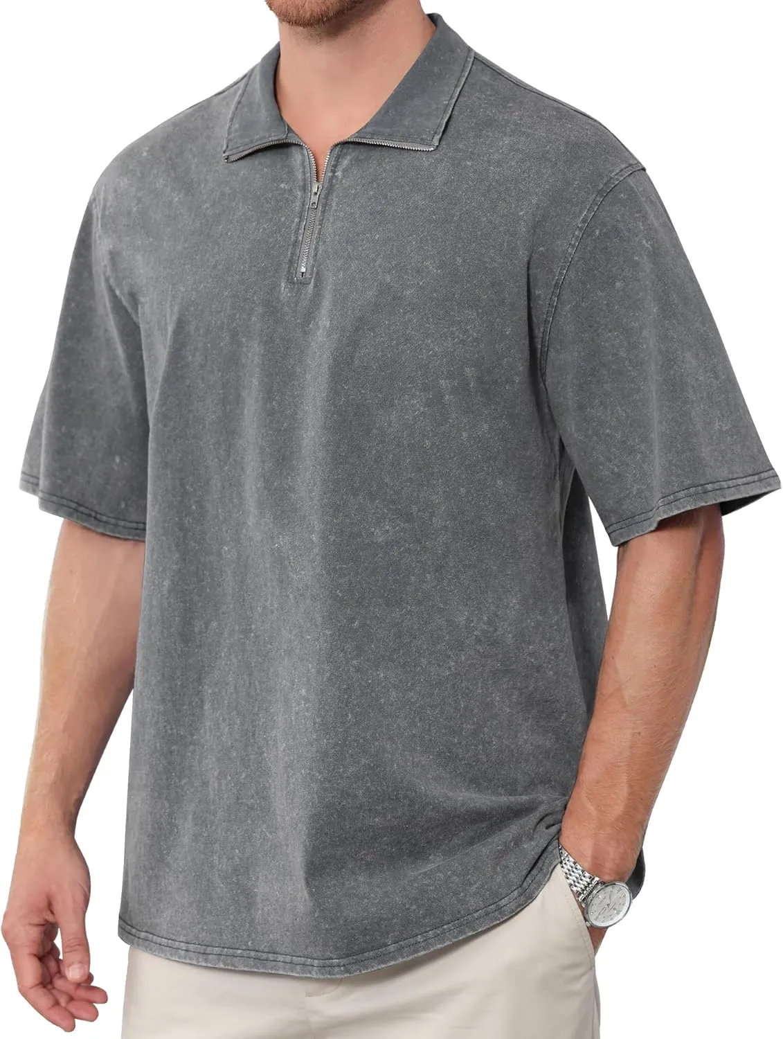Men's Zipper Polo Shirts Short Sleeve Distressed Washed Cotton T Shirt Solid Casual Summer Tee Tops