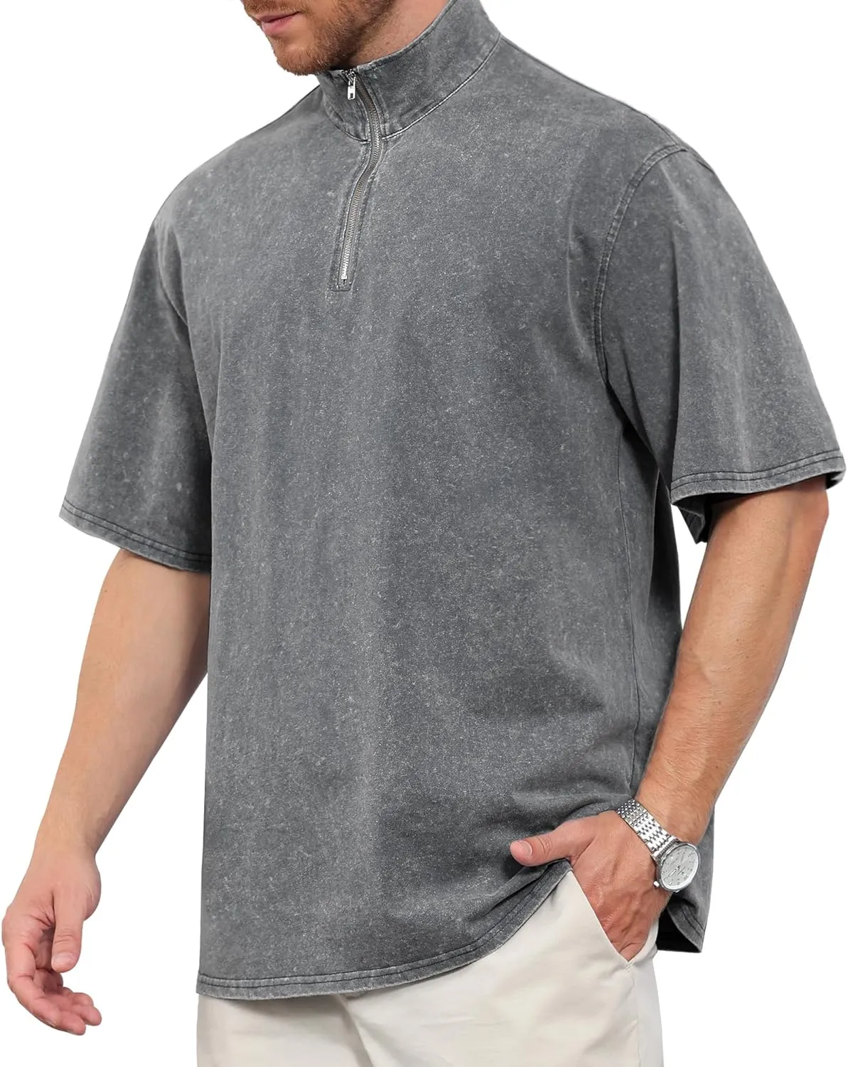 Men's Zipper Polo Shirts Short Sleeve Distressed Washed Cotton T Shirt Solid Casual Summer Tee Tops
