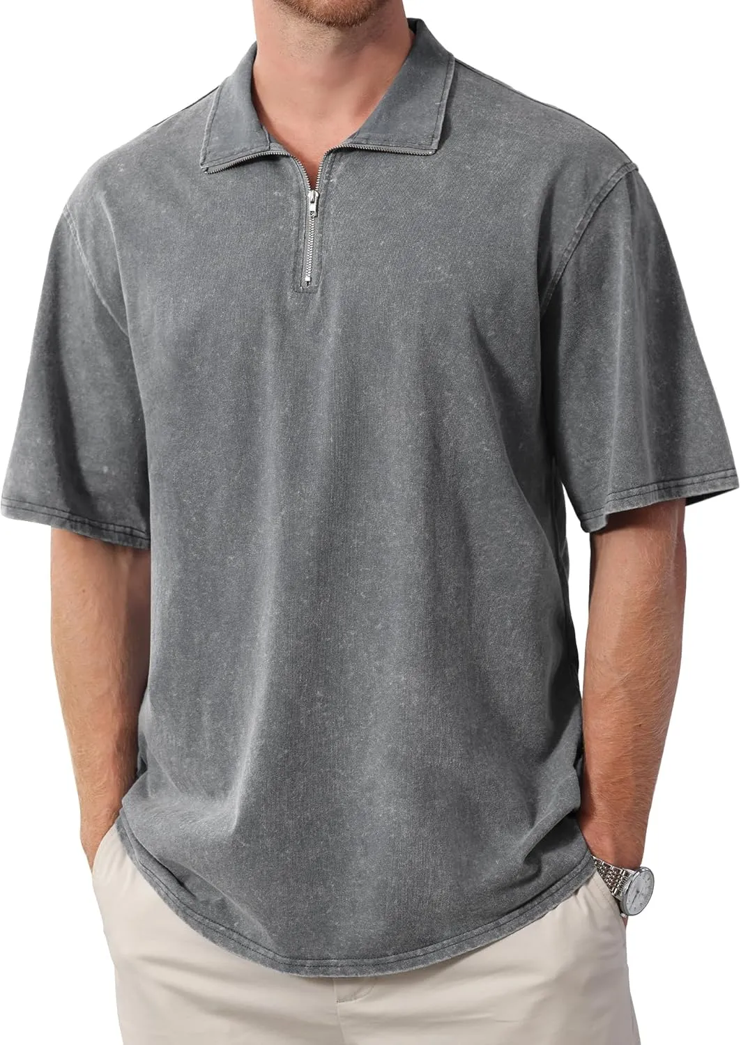 Men's Zipper Polo Shirts Short Sleeve Distressed Washed Cotton T Shirt Solid Casual Summer Tee Tops