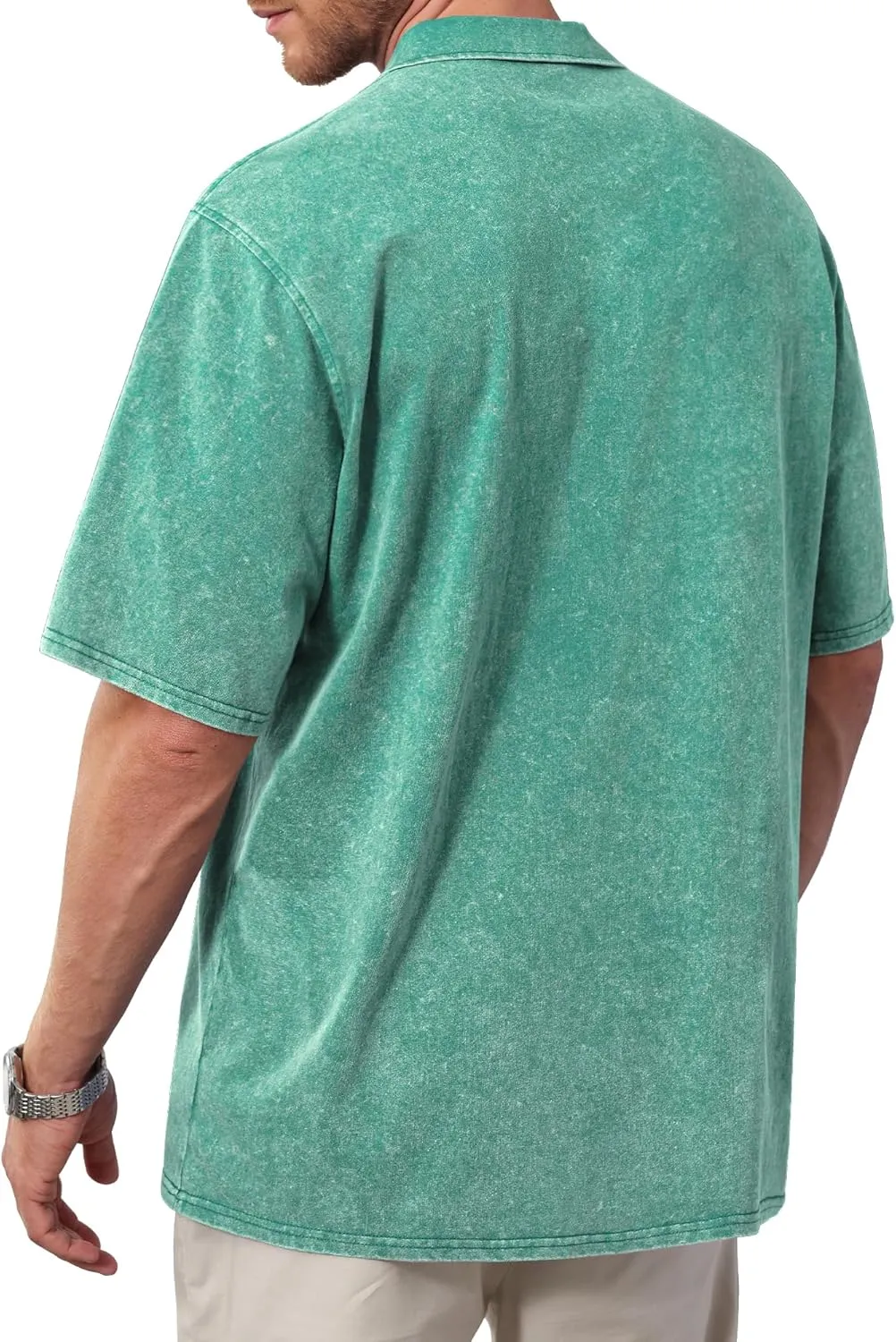 Men's Zipper Polo Shirts Short Sleeve Distressed Washed Cotton T Shirt Solid Casual Summer Tee Tops