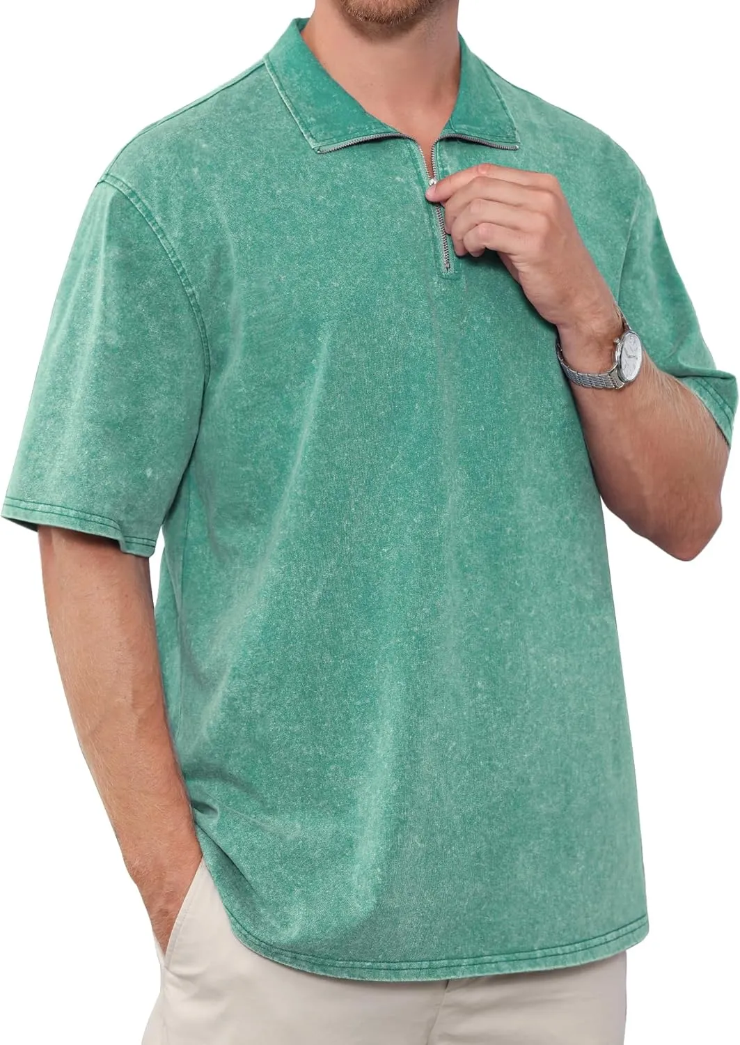 Men's Zipper Polo Shirts Short Sleeve Distressed Washed Cotton T Shirt Solid Casual Summer Tee Tops