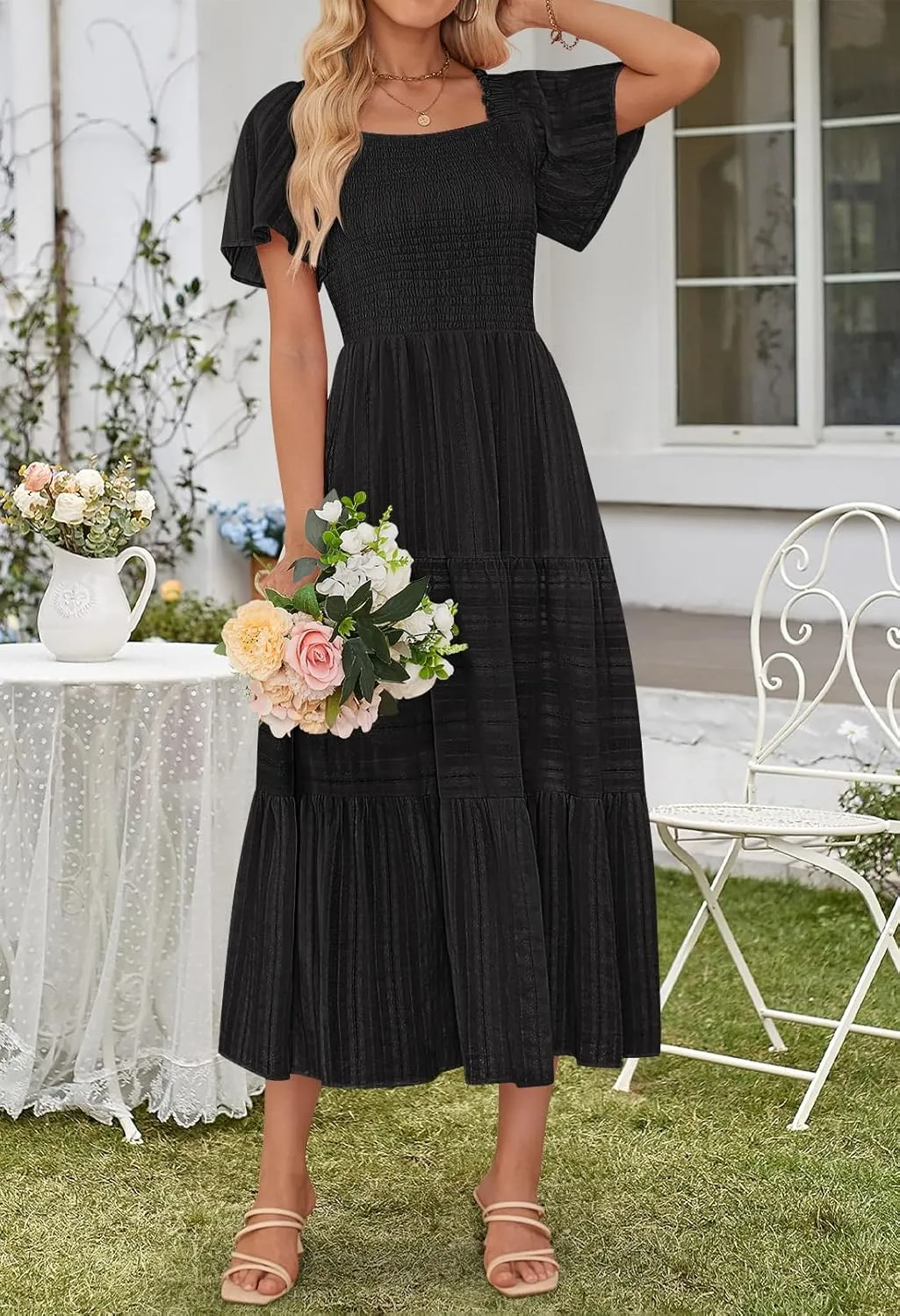 MEROKEETY Women's 2025 Summer Flowy Midi Maxi Dress Short Sleeve Square Neck Smocked Tiered Ruffle Boho Dresses with Pockets