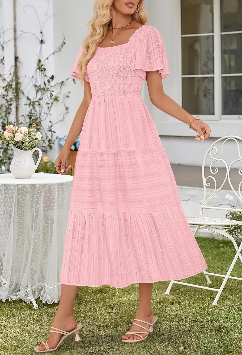 MEROKEETY Women's 2025 Summer Flowy Midi Maxi Dress Short Sleeve Square Neck Smocked Tiered Ruffle Boho Dresses with Pockets