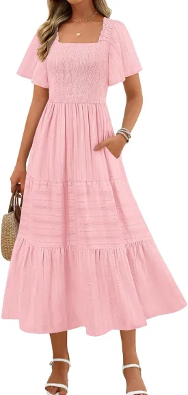 MEROKEETY Women's 2025 Summer Flowy Midi Maxi Dress Short Sleeve Square Neck Smocked Tiered Ruffle Boho Dresses with Pockets