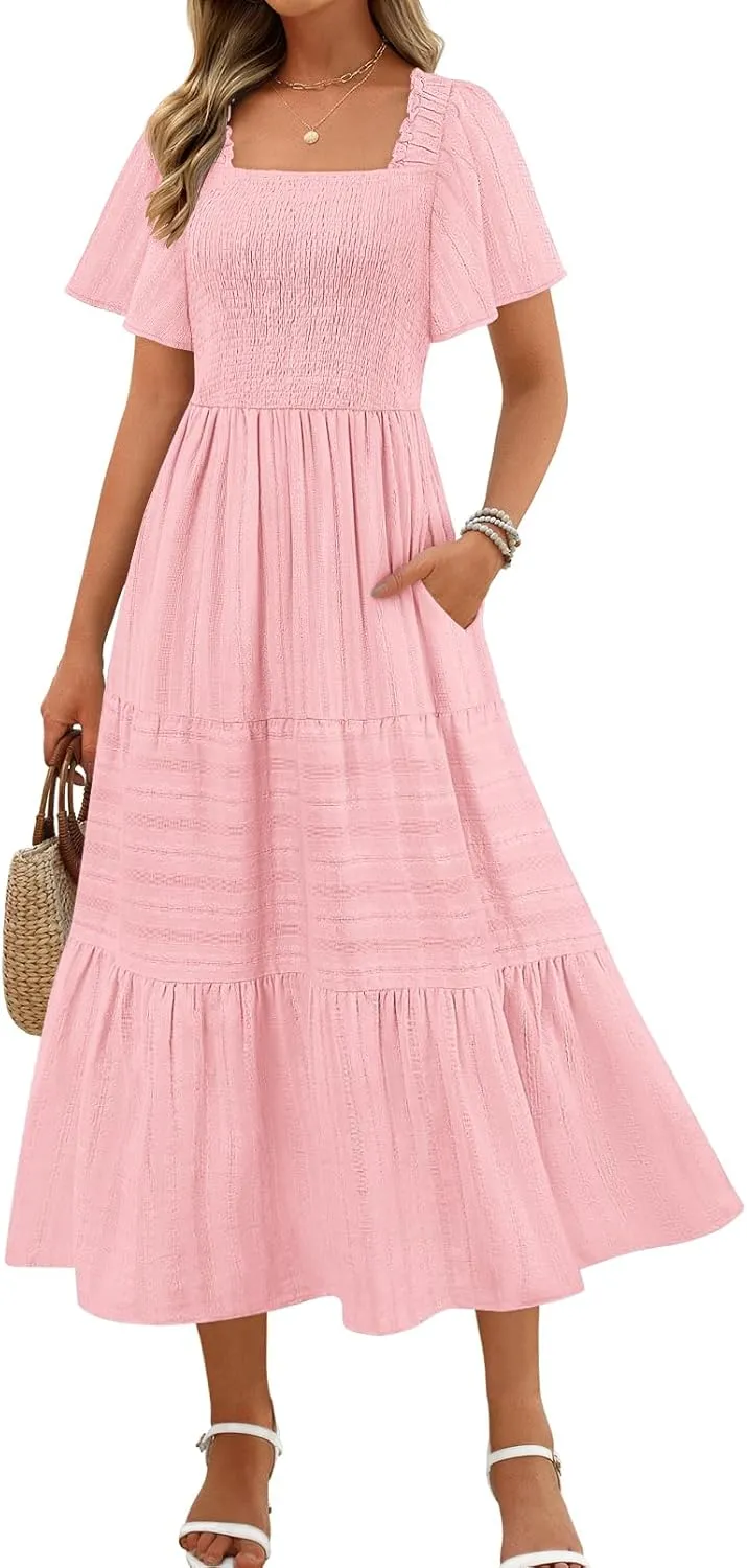 MEROKEETY Women's 2025 Summer Flowy Midi Maxi Dress Short Sleeve Square Neck Smocked Tiered Ruffle Boho Dresses with Pockets
