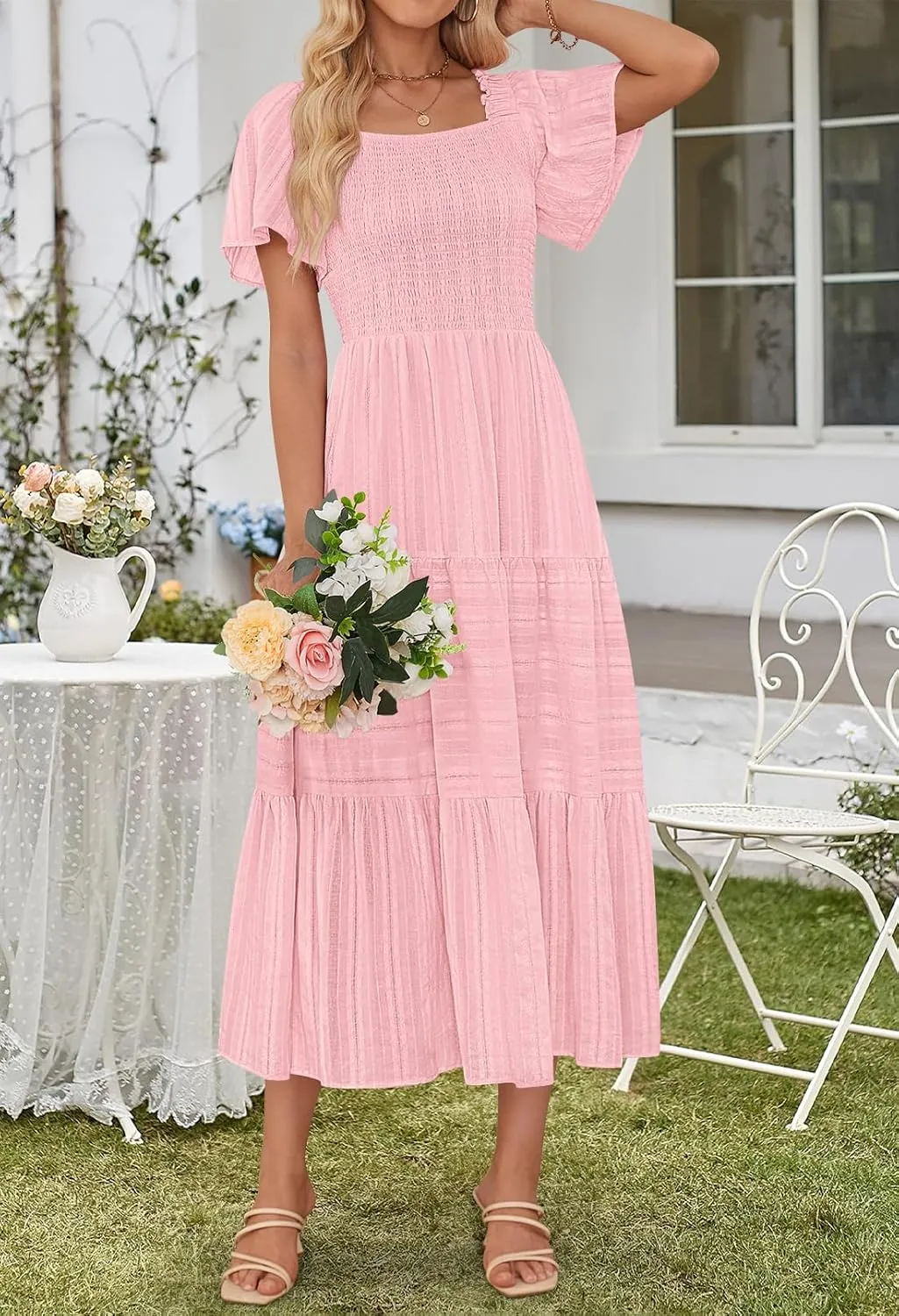 MEROKEETY Women's 2025 Summer Flowy Midi Maxi Dress Short Sleeve Square Neck Smocked Tiered Ruffle Boho Dresses with Pockets