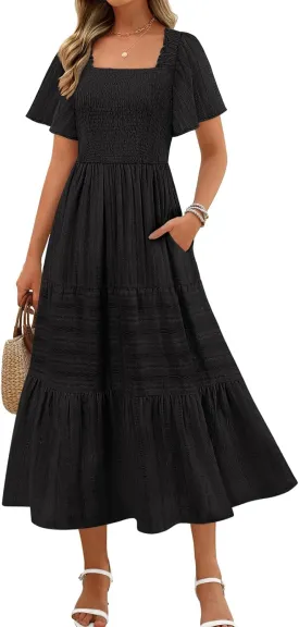 MEROKEETY Women's 2025 Summer Flowy Midi Maxi Dress Short Sleeve Square Neck Smocked Tiered Ruffle Boho Dresses with Pockets