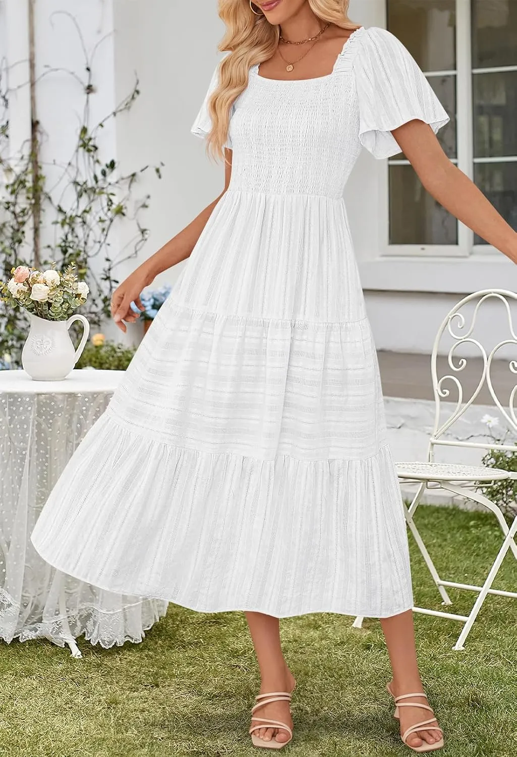 MEROKEETY Women's 2025 Summer Flowy Midi Maxi Dress Short Sleeve Square Neck Smocked Tiered Ruffle Boho Dresses with Pockets