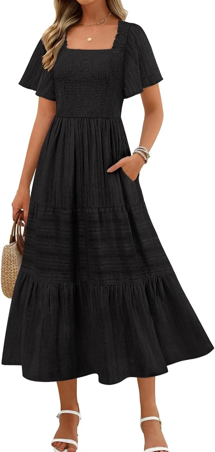 MEROKEETY Women's 2025 Summer Flowy Midi Maxi Dress Short Sleeve Square Neck Smocked Tiered Ruffle Boho Dresses with Pockets