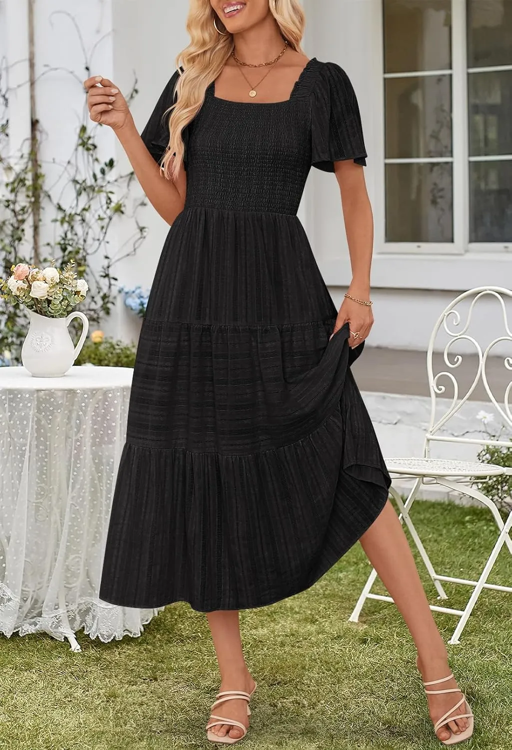 MEROKEETY Women's 2025 Summer Flowy Midi Maxi Dress Short Sleeve Square Neck Smocked Tiered Ruffle Boho Dresses with Pockets